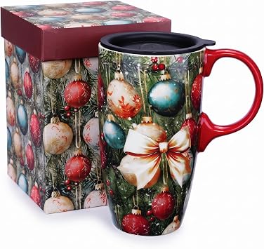 Topadorn 17oz Christmas Ceramic Travel Mug, Winter Holiday Coffee Cup