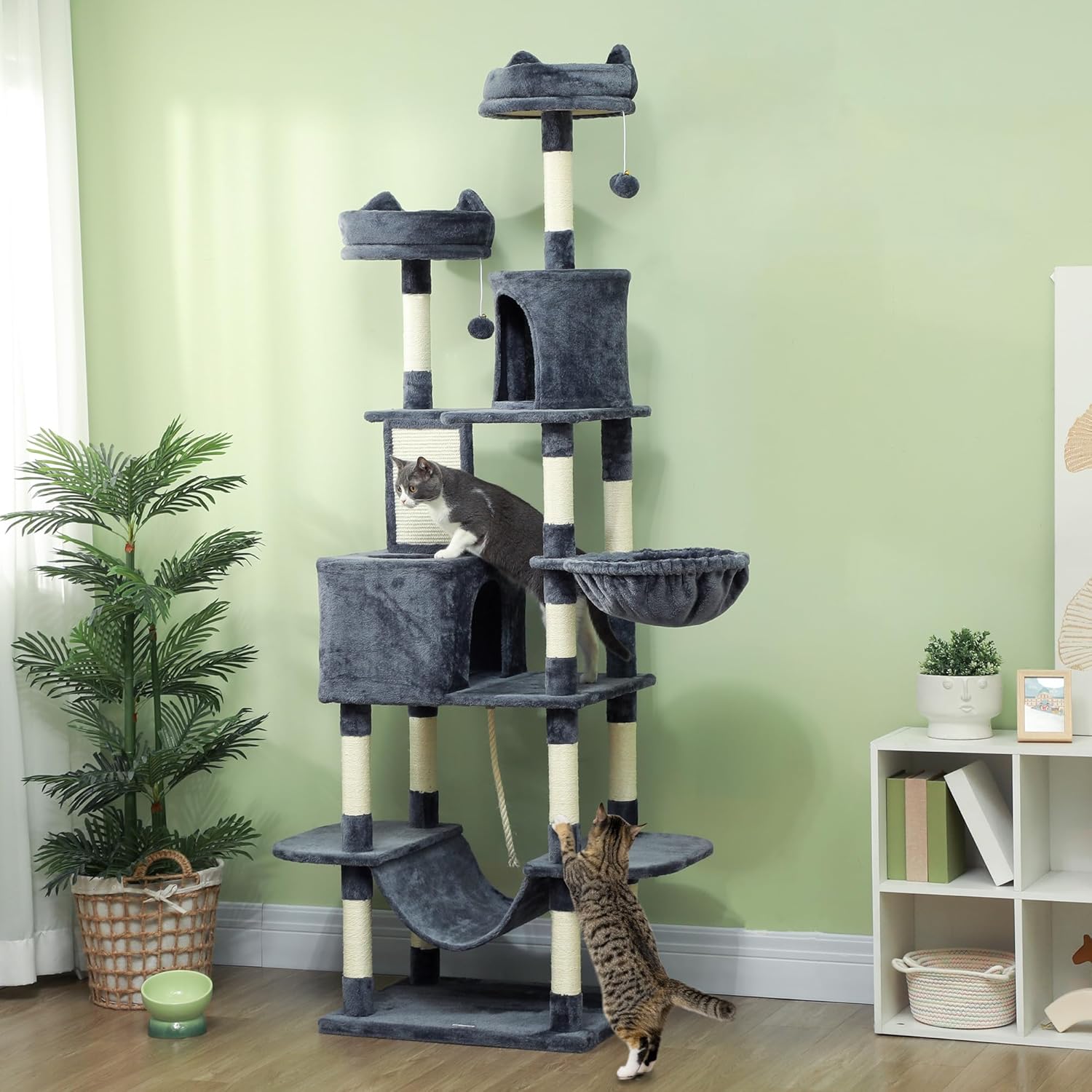 PawHut Cat Tree, 81" Cat Tower for Large Adults Indoor Cats with Cat Scratching Posts, Scratching Board, Cat Condos, Cat Beds, Hammocks, Multi-Level Platforms, Toy Balls & Rope Cat Toy, Dark Gray