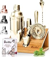 Vista 1 de Barillio Gold Bartender Kit – Juego de coctelera de acero inoxidable con soporte de bambú – Herramientas de barra de mixología con coctelera