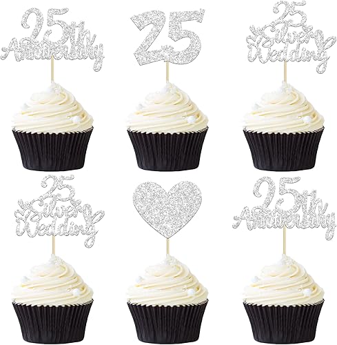 Gyufise 24 adornos plateados para cupcakes de 25 aniversario, boda, aniversario de 25 años, decoración de pastel de corazón para 25 decoraciones