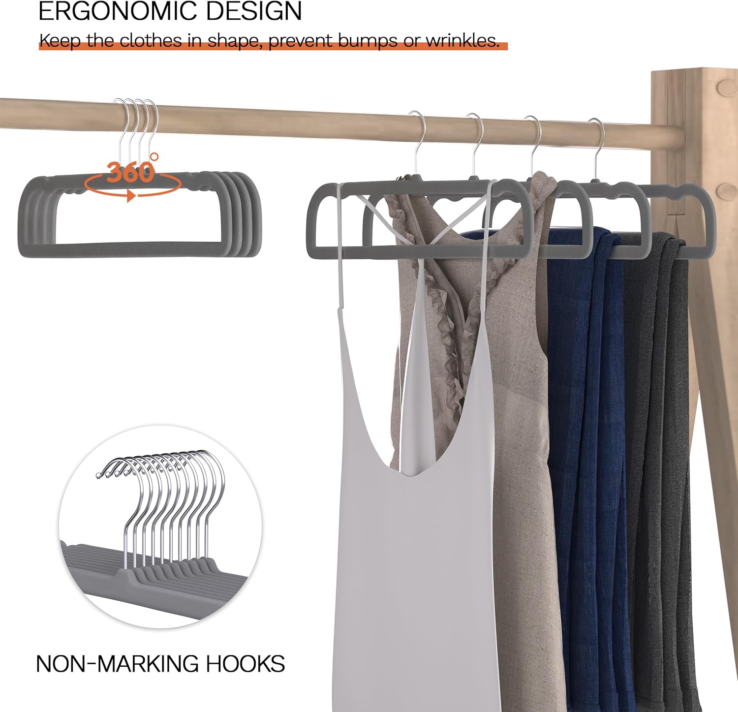 Gray Velvet Hangers 60 Pack, Slim Space Saving Pants Hangers for Closet Organizer, Rotating Hook, Non Slip Clothes Felt Hanger Heavy Duty for Tank Top, Jean Perchas, Camisole, Kids' Clothes