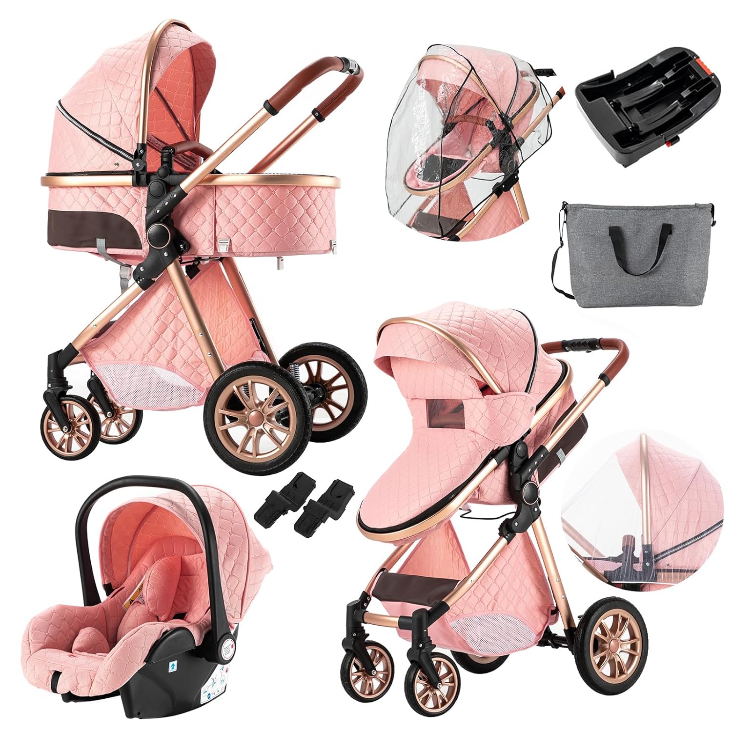 3 in 1 Baby Travel System Convertible Reversible Baby Stroller Portable Pushchair Infant Standard Pram Foldable Baby Carriage Luxury High Landscape Buggy for Newborn (UDV9-PINK with Base)
