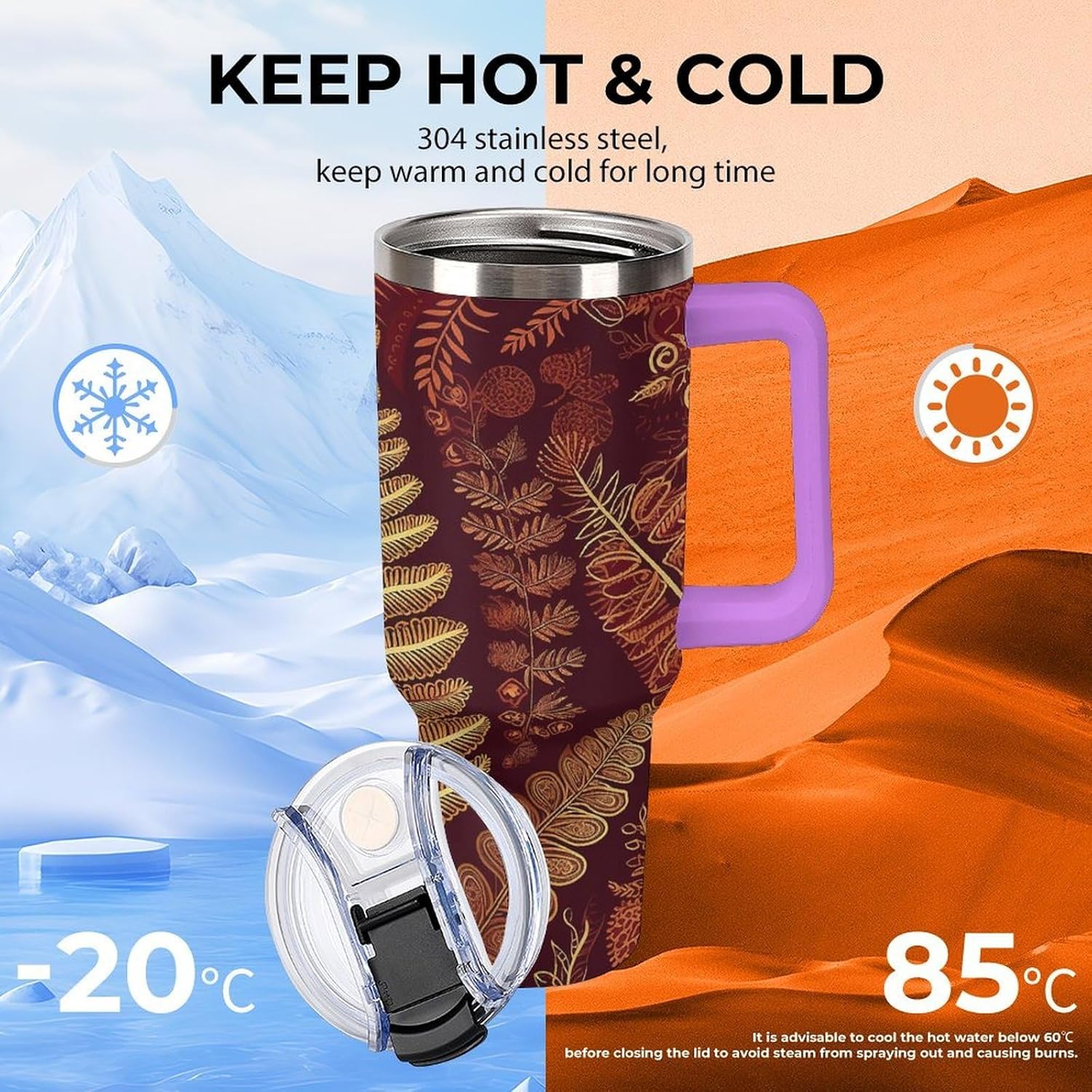 Maroon Gold Pattern Travel Coffee Mug Reusable Durable Stainless Steel Insulated Tumbler with Handle And Straw Leak Resistant Portable Thermal Cup Gifts for Men Women 40 Oz