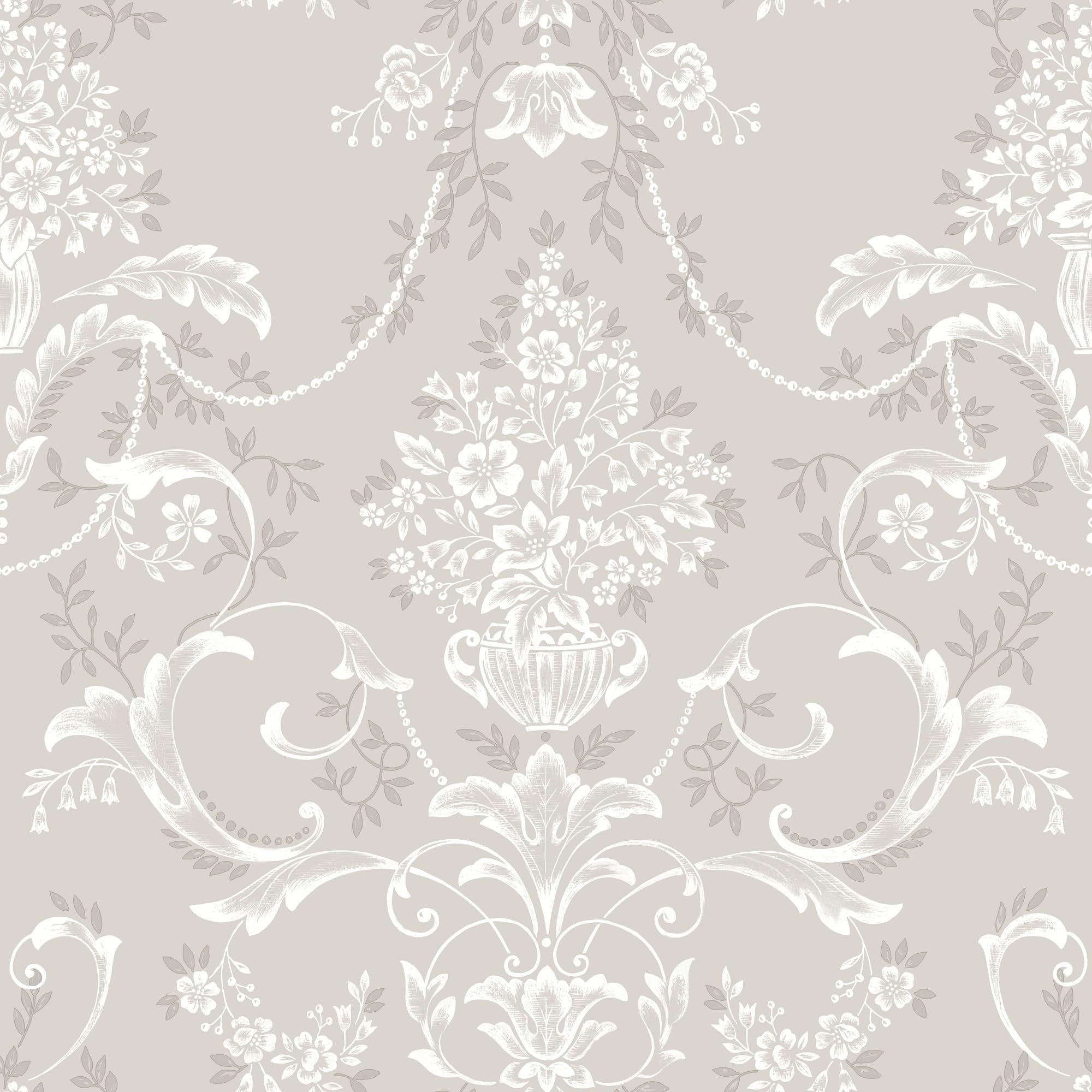 SOPHIE LAURENCE Rasch Amelie Damask Floral Mushroom Wallpaper for Bedroom and Living Room Decor, Elegant Wall Covering, 10m Roll