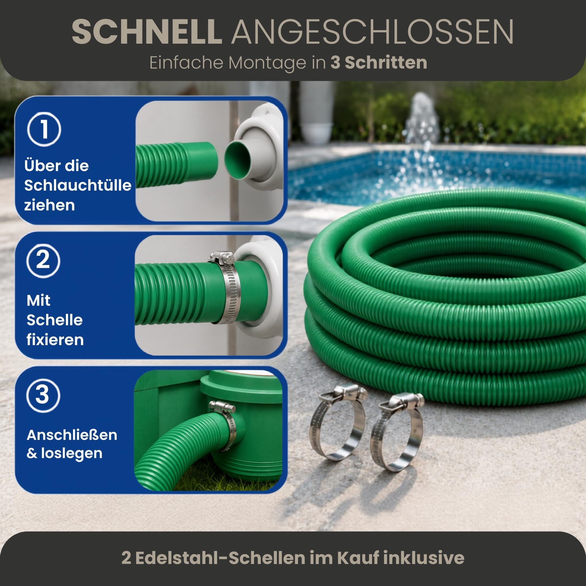 HAF® Tubo per piscina di alta qualità, 38 mm, blu, 15 m, per giardino e piscina, con 2 fascette stringitubo in acciaio inox, tubo per piscina, qualità Made in Germany