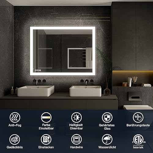 Miniatura 2 de ISKM Espejo de baño LED enmarcado de 20 x 28 pulgadas, retroiluminado y frontal regulable, antiniebla, espejo de tocador montado en la pared,