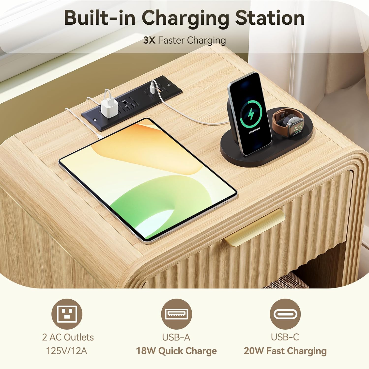 Fluted Nightstand with Charging Station, Modern Bedroom Furniture Side Table with Gold Handles, Drawers & Open Shelf, Curved Profile Design, End Table Wood Organizer for Bedroom, Natural Oak