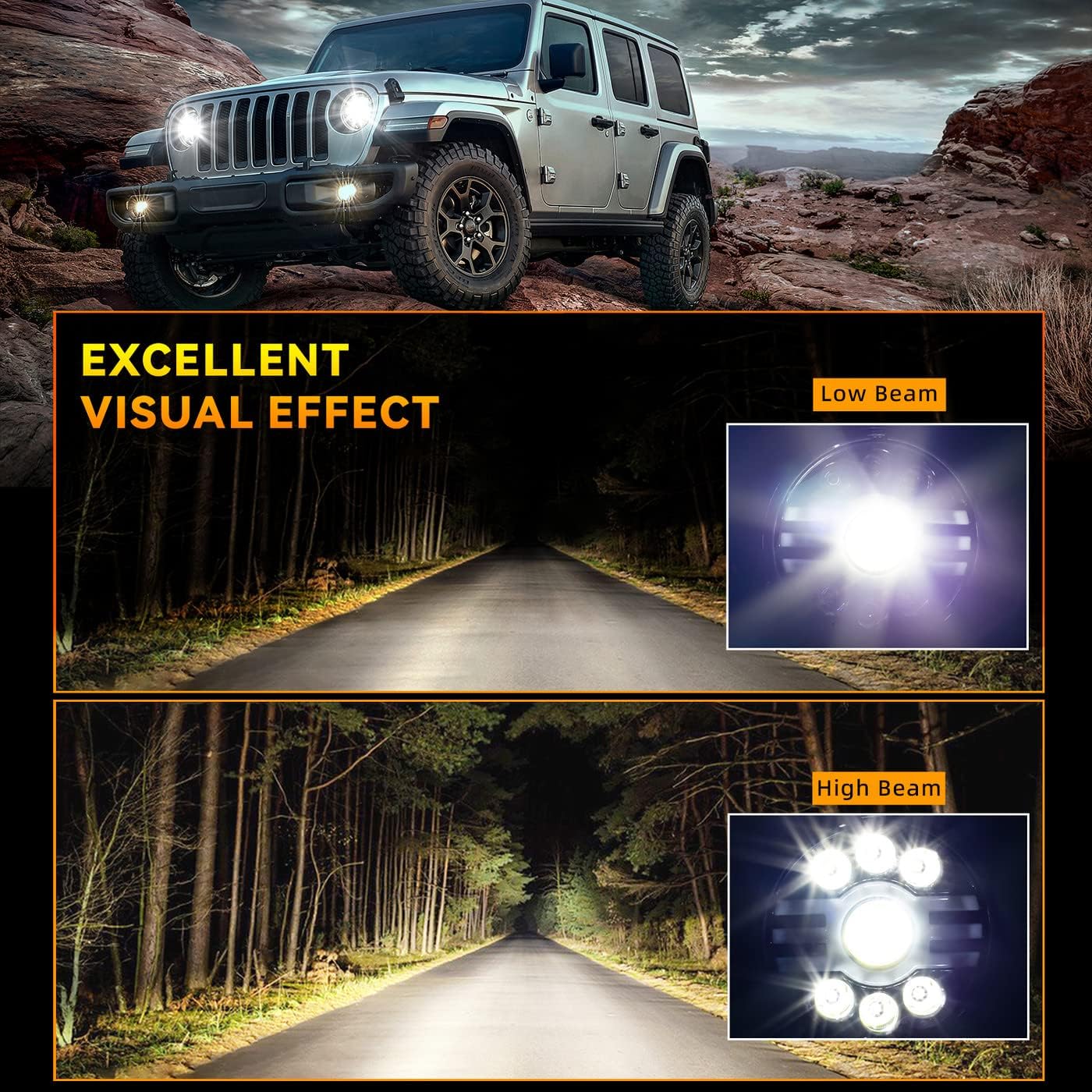 2pcs 7" Round Super Bright Halo Headlights Assembly - Hi/Low Beam Projector Headlights with Amber Turn Signal White DRL, H4/H13 Adaptors - Compatible with 1997-2018 Jeep Wrangler TJ/LJ/JK
