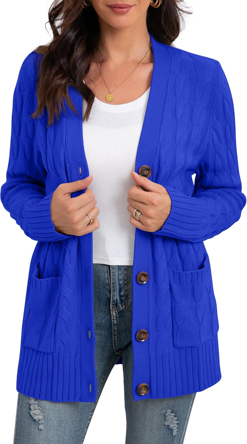 GRECERELLE Women's Long Sleeve Loose Knit Cable Open Front Button Down Cardigan Sweater Outerwear Coat with Pockets