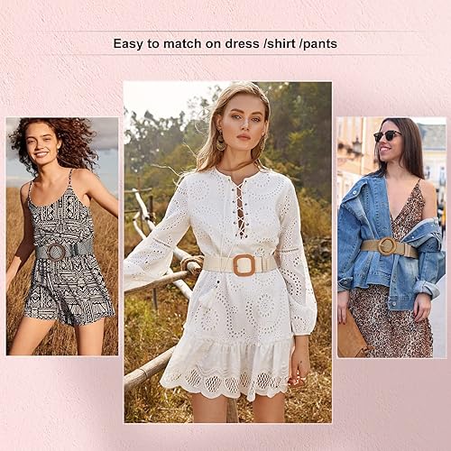 Miniatura 6 de VONMELLI Paquete de 4 cinturones de cintura elásticos tejidos con pajilla, estilo bohemio, para mujer