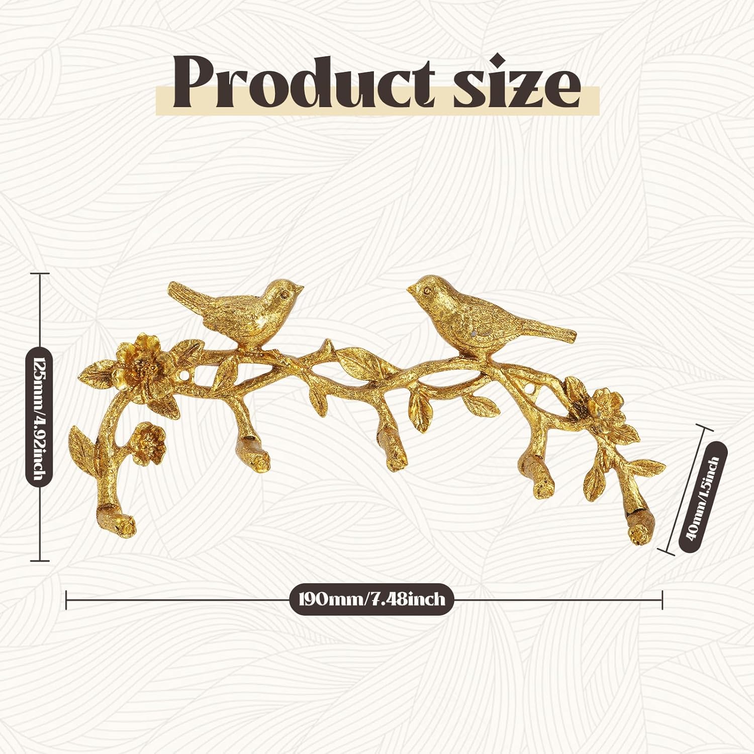 Vintage Gold Wall Hook Rack, Bird On Branch with Flowers and Leaves Decorative Wall Mounted Hook Holder for Coats, Hats, Keys, Towels and Clothes(5 Hooks)