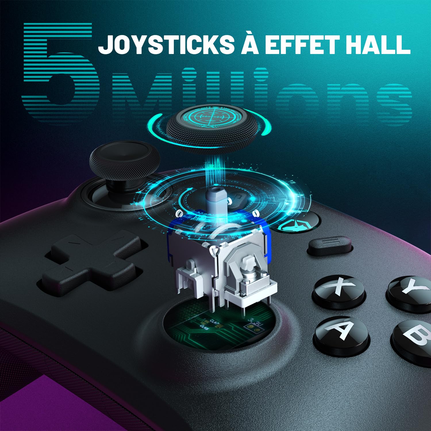 ECHTPower Manette PC, Gaming Manette Sans Fil avec Joystick à Effet Hall, 1000Hz, 3 Modes 2.4G/Bluetooth/Filaire, Turbo, Vibration, Lumières RGB, Batterie 800mAh, Compatible PC/Switch/Android/iOS