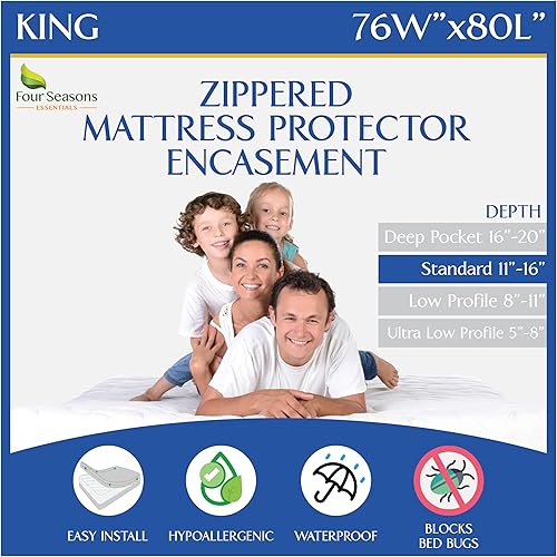 King Size Mattress Protector Bed Bug Waterproof Zippered Cover - Hypoallergenic Premium Quality Encasement Protects Against Liquids, Dust - Breathable, Noiseless White
