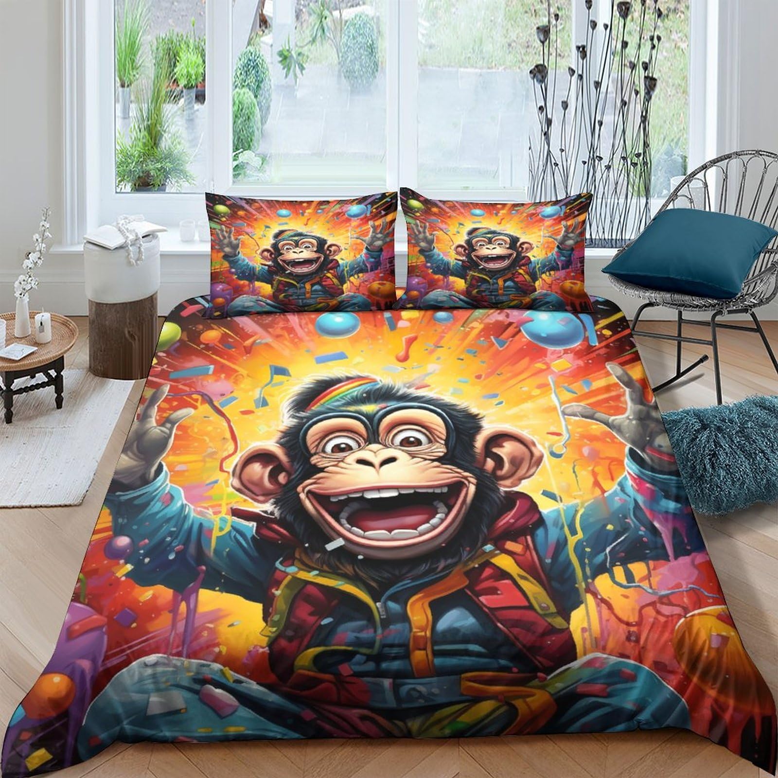 Anime Monkey Bedding Set,3D Duvet Cover with Pillowcases, for Soft Microfiber Quilt Cover with Zipper Closure Wildlife 3 Piece Set Double（200x200cm）