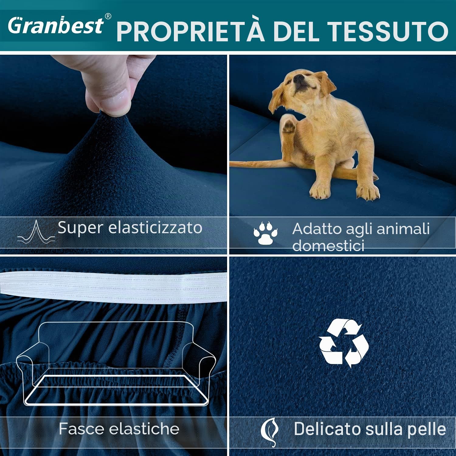 Granbest Copridivano a 3 posti, super morbido, in elastan, per cani e animali domestici, con fondo elastico (3 posti, blu scuro)