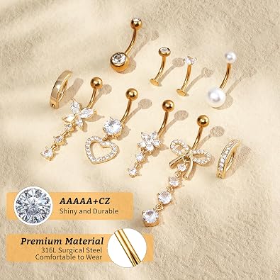 10 Pcs 14G Belly Button ring Dangle Belly Rings Stainless Steel CZ Opal Pearl Butterfly Heart Flower Dangling Belly Button Dainty Navel Ring Clicker Piercings Navel Pack