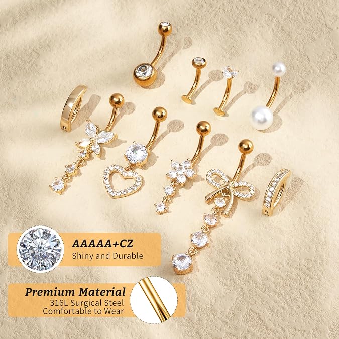 10 Pcs 14G Belly Button ring Dangle Belly Rings Stainless Steel CZ Opal Pearl Butterfly Heart Flower Dangling Belly Button Dainty Navel Ring Clicker Piercings Navel Pack