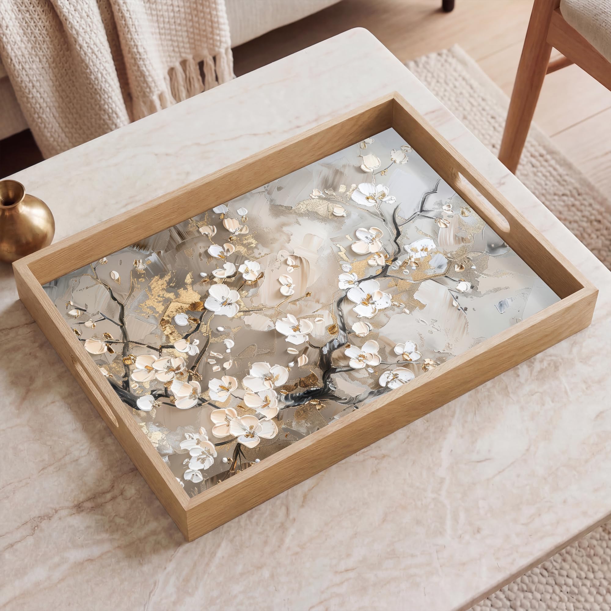 Serviertablett Rechteckig 50x35 cm Servierplatte Eiche Holz Tablett Mit Henkel Tray Kratzfest Kaffeetablett Tabletts Teetablett Blumen - Weiß - Gold - Beige - Luxus