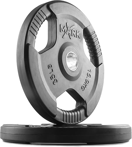 Miniatura 13 de XMARK TRI-GRIP - Par o juego de discos de peso olímpicos, pesas de ejercicio con revestimiento de goma para barra olímpica, juego de pesas de 01)