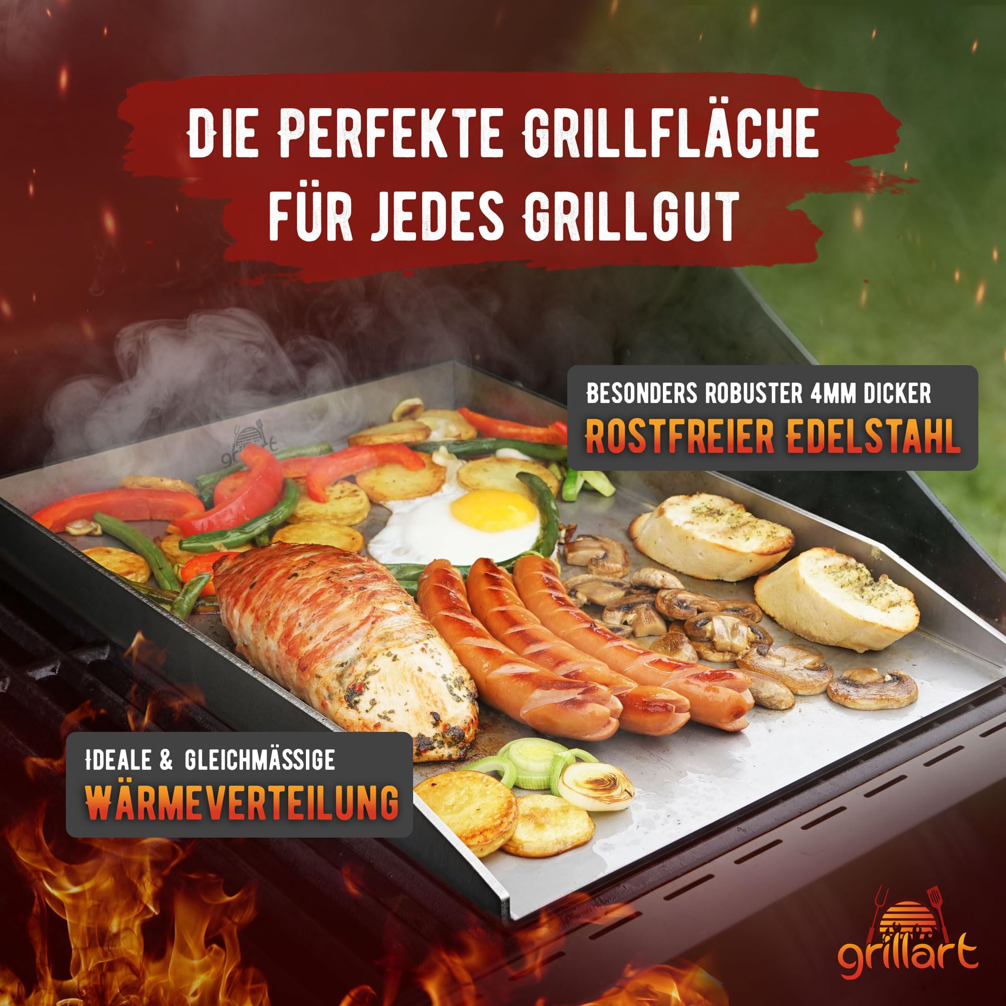 grillart® Premium Plancha Grillplatte mit Grillspachtel aus massiven 4mm Edelstahl – 30x40cm Universalgröße auch Induktion geeignet – Spülmaschinenfest und rostfrei