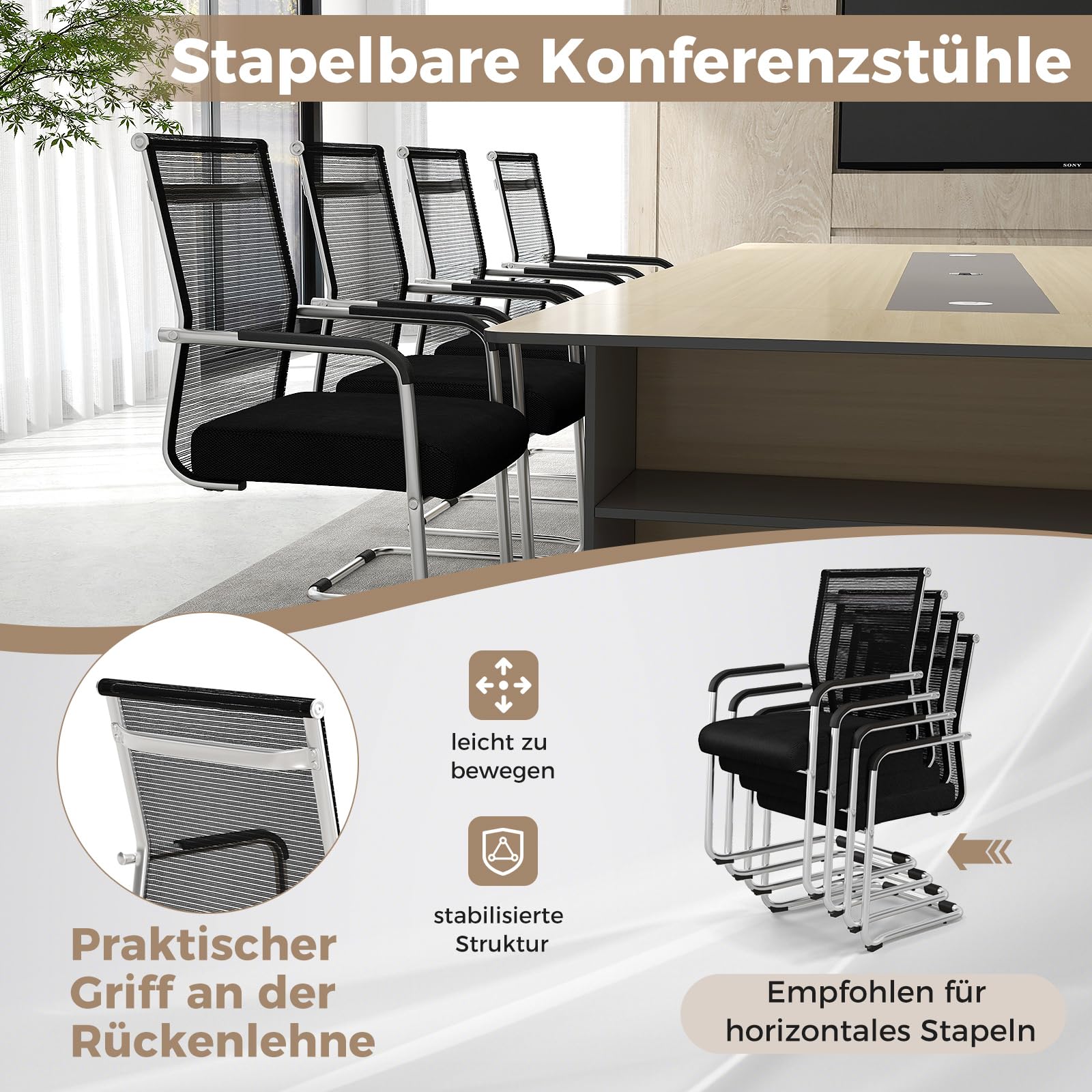 COSTWAY Freischwinger Stühle 4er Set, stapelbare Schwingstühle mit Metallkufenbasis & Armlehne, Bürostühle, Konferenzstühle, Besucherstühle für Büro, Konferenzraum, Arbeitszimmer, Schwarz