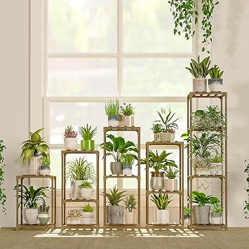 Bamworld Plant Stands Indoor 5 Sets Plant Shelves Outdoor Wooden Plant Holder for Multiple Plants Flower Stands for Living Room Balcony Garden Patio Lawn Window
