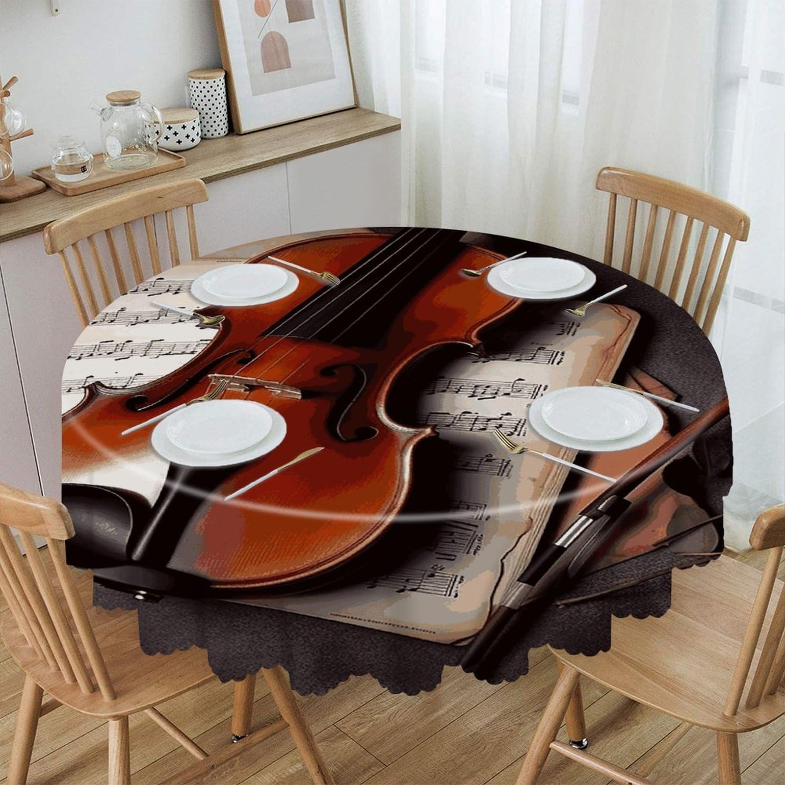 VstaDank Violin Sheet Music_78030672 Round Tablecloth 60 Inch Easy to Clean Circle Table Cover Thick Decorative Round Polyester Table Cloth for Dining Kitchen Party Farmhouse Outdoor