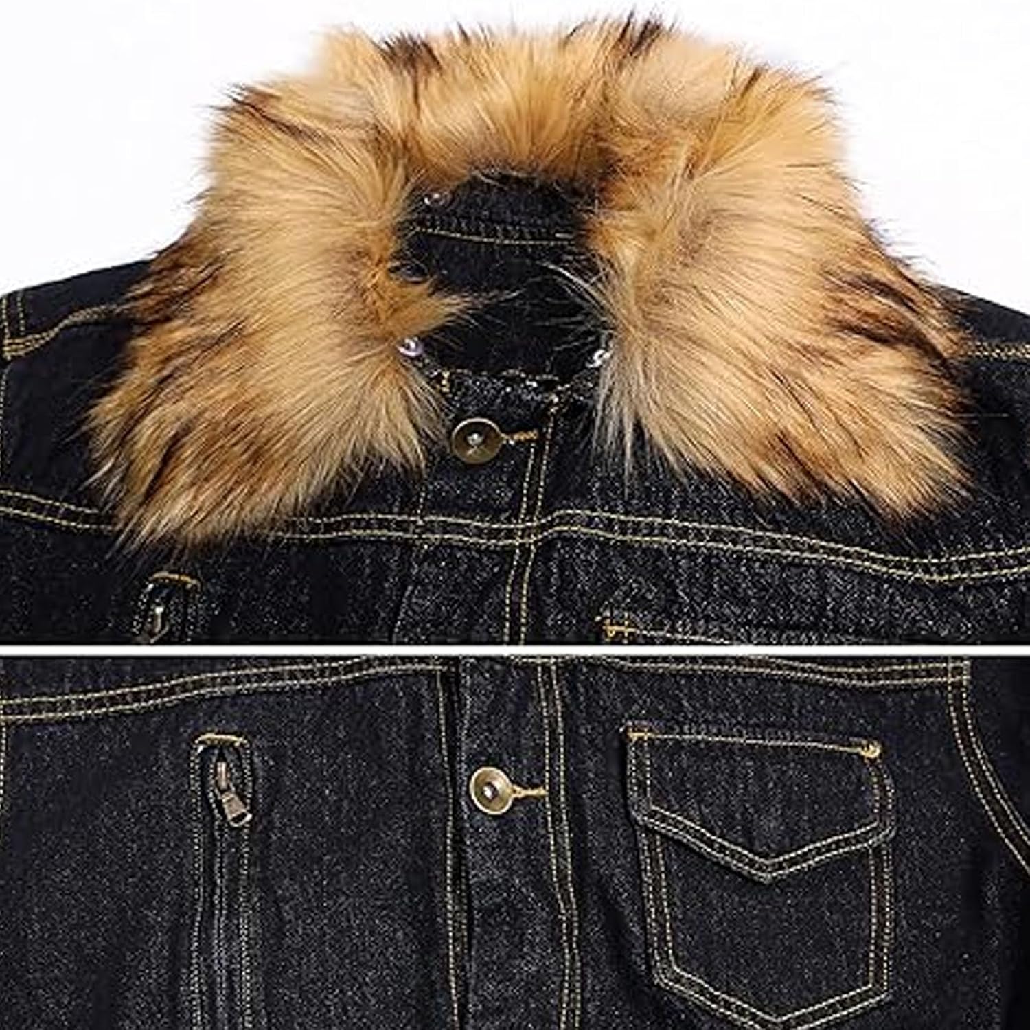 Men's Faux Fur Collar Sherpa Fleece Lined Distressed Denim Trucker Jacket
