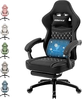 Dowinx Silla de Gaming de Tela con cojín de muelles ensacados, sillón de Masaje con reposapiés, Silla ergonómica de PC, Silla de Oficina, 150 kg,Blanco