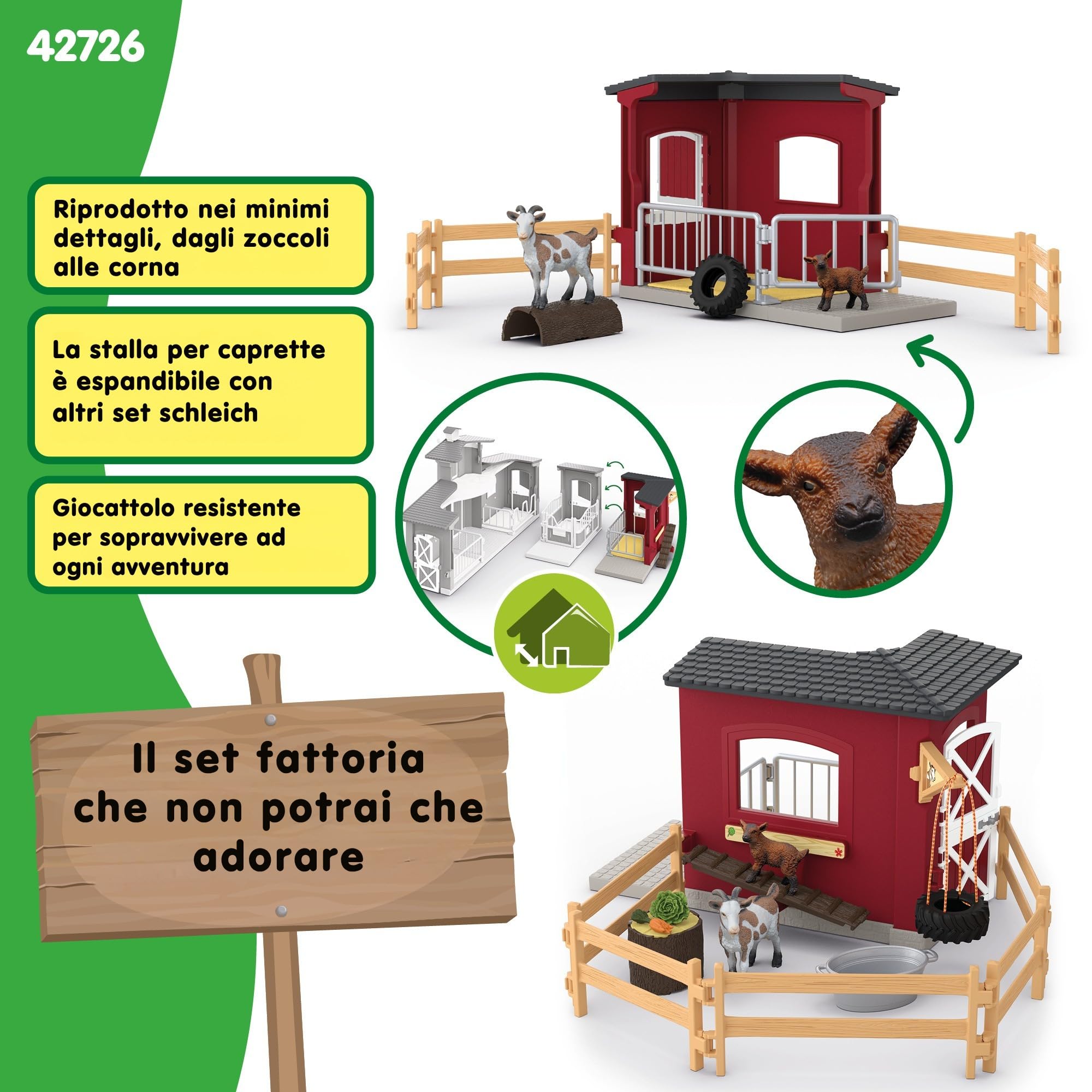 Schleich Farm World | Stalla delle capre 42726 | dai 3 Anni | 31 Pezzi | Set con stalla, capra, capretto, recinto & accessori | Figure di animali realistiche | Idea regalo bambini | Giocattolo fatto