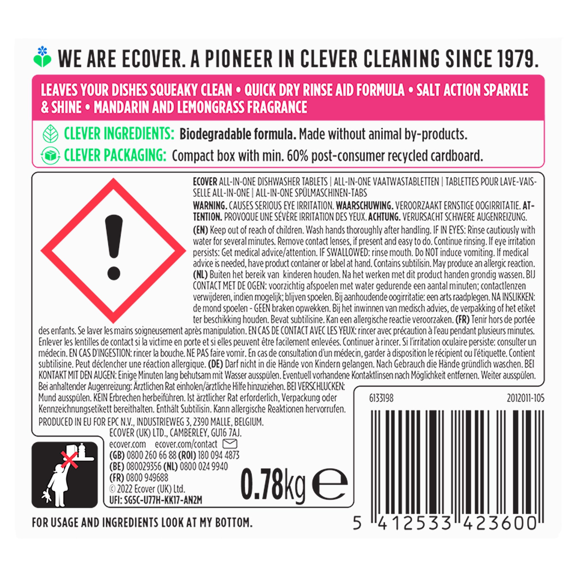 Ecover Pastiglie All-In-One per lavastoviglie, sale e brillantante per lavastoviglie, fragranza mandarino e citronella, confezione da 1, 45 compresse