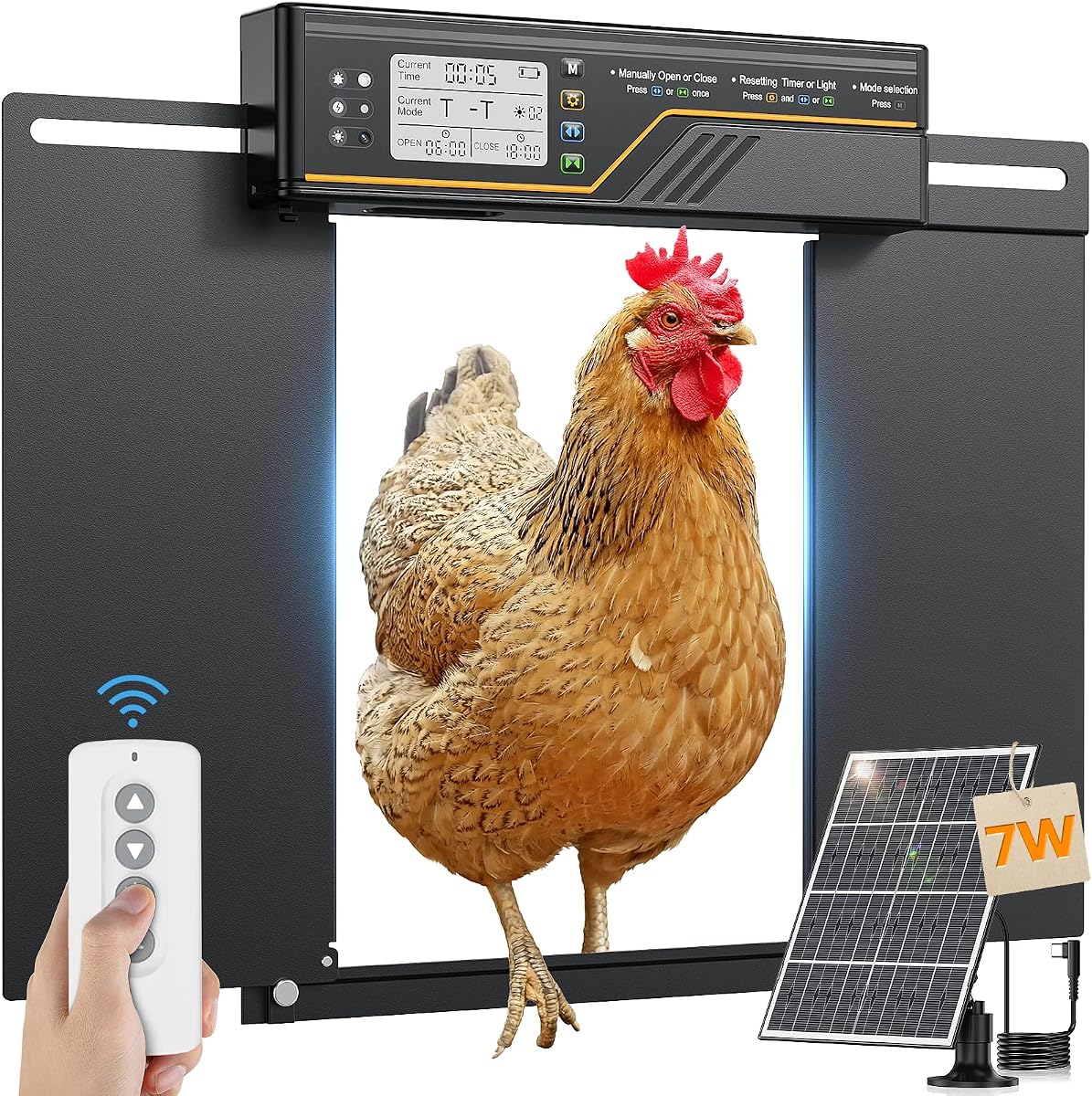 7W Solar Powered Automatic Chicken Coop Door, Aluminum Horizontal Dual-Door