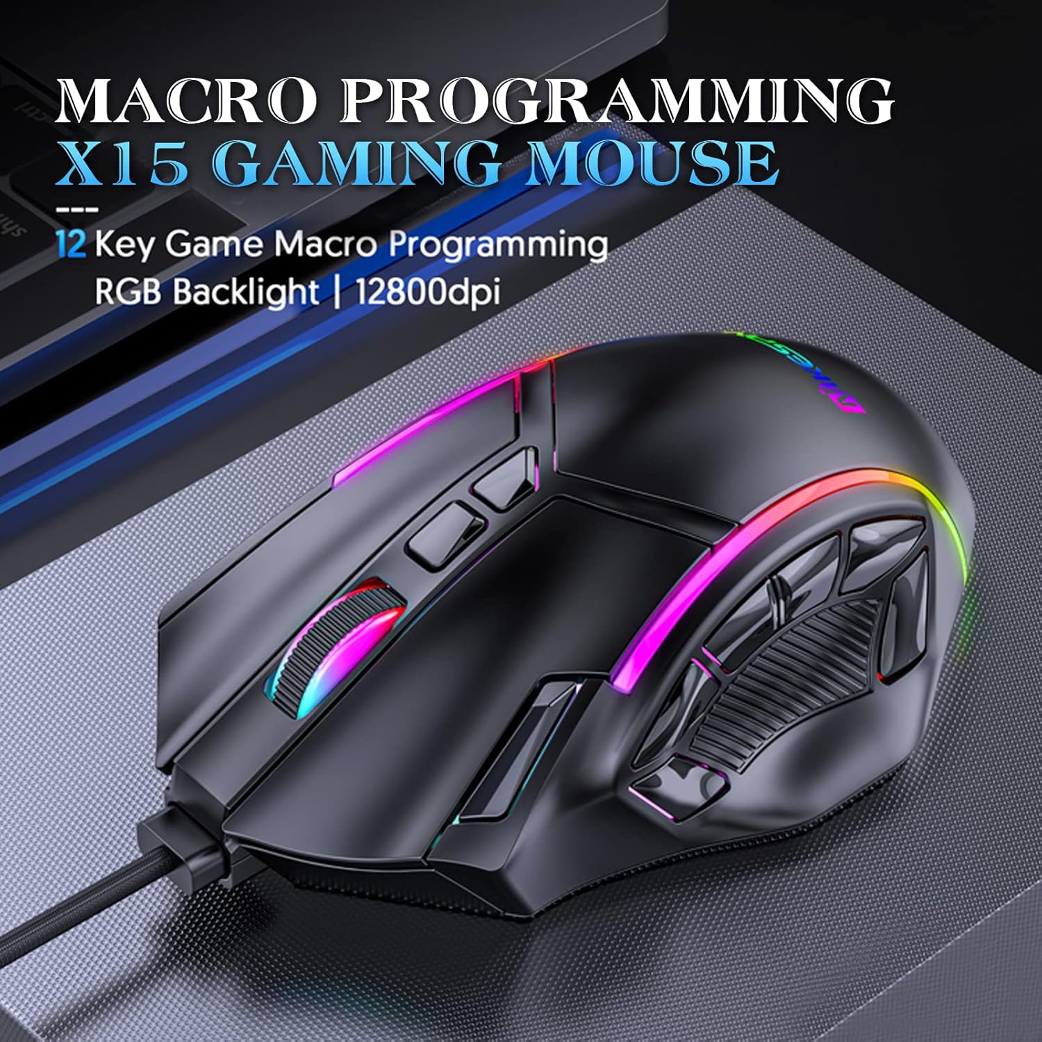 C44 programmable Wired Gaming Mouse with Side Buttons，6 DPI Level Adjustable、13kind of RGB Mouse ，12 Programmable Mouse Buttons，1000HZ Response Rate, Compatible with PC/Mac