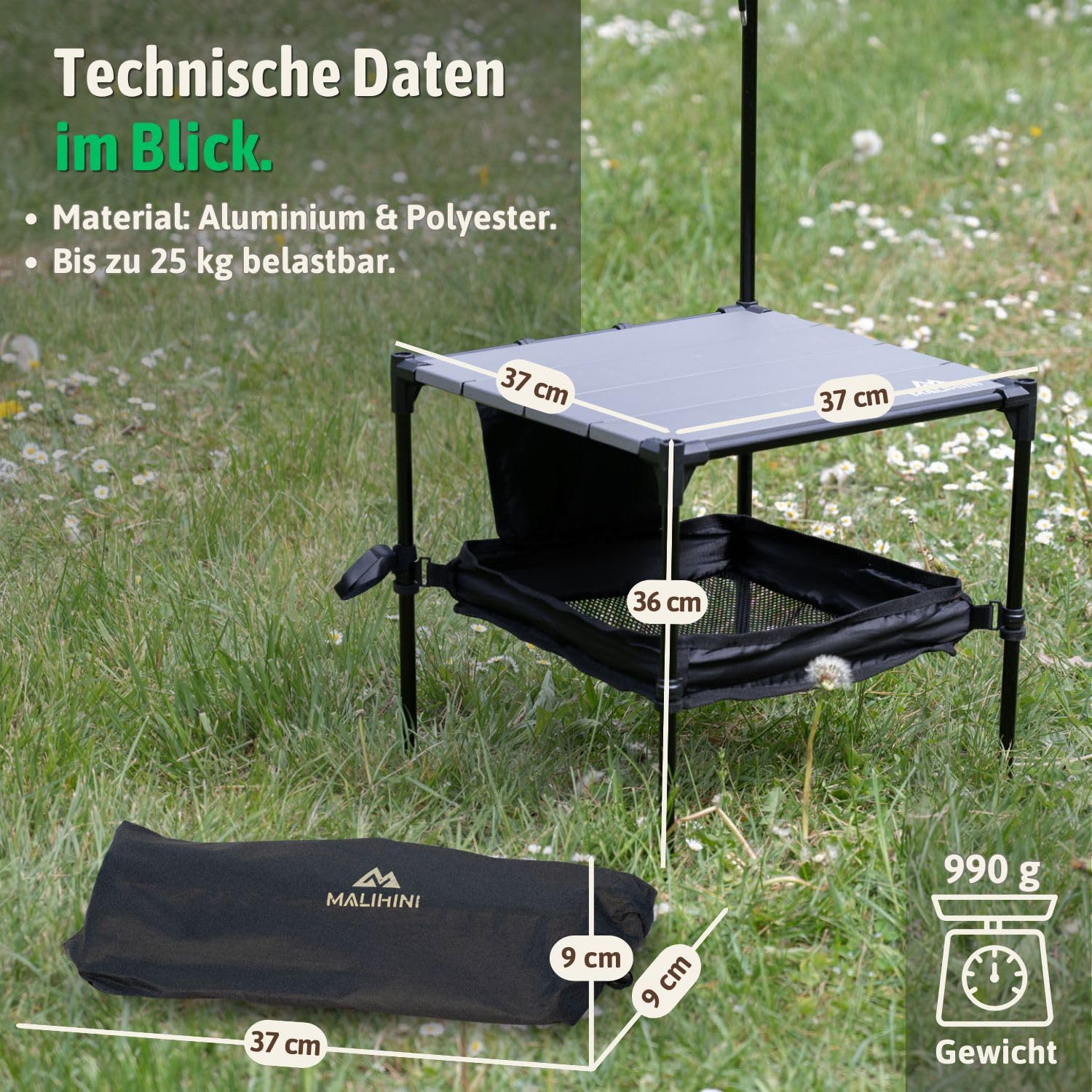 MALIHINI MALITABLE - Tavolo da campeggio pieghevole, con asta per lampada, ripiano e borsa, piccolo e compatto, 37 × 9 × 9 cm, in alluminio, 25 kg, per esterni e moto