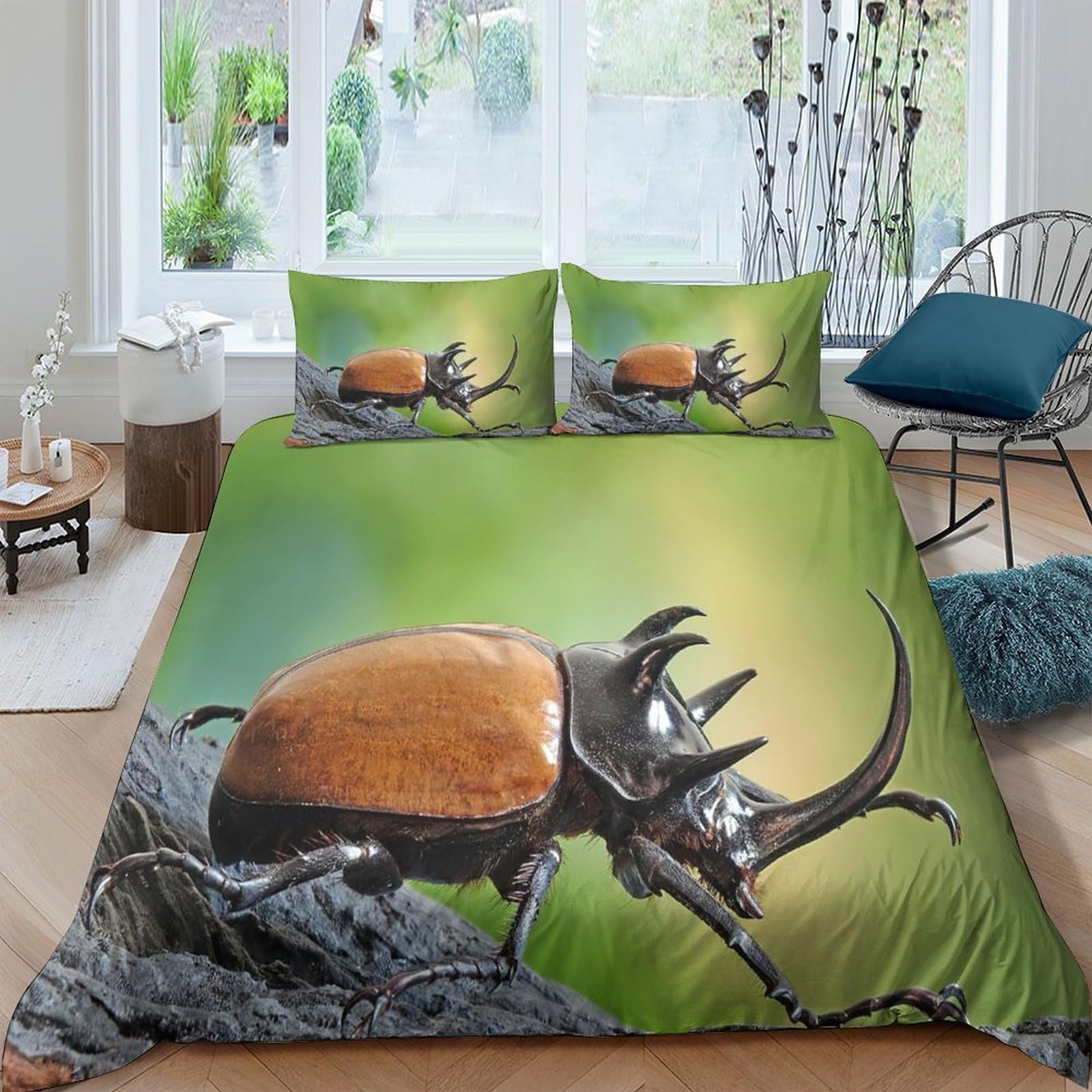 Ctjqhvkz Style-10 3D Printed Beetle Forest Fitted Sheet Microfiber Soft Green Nature Mattress Cover For Bedroom Guest Room Dorm Decor Single（135X200cm）