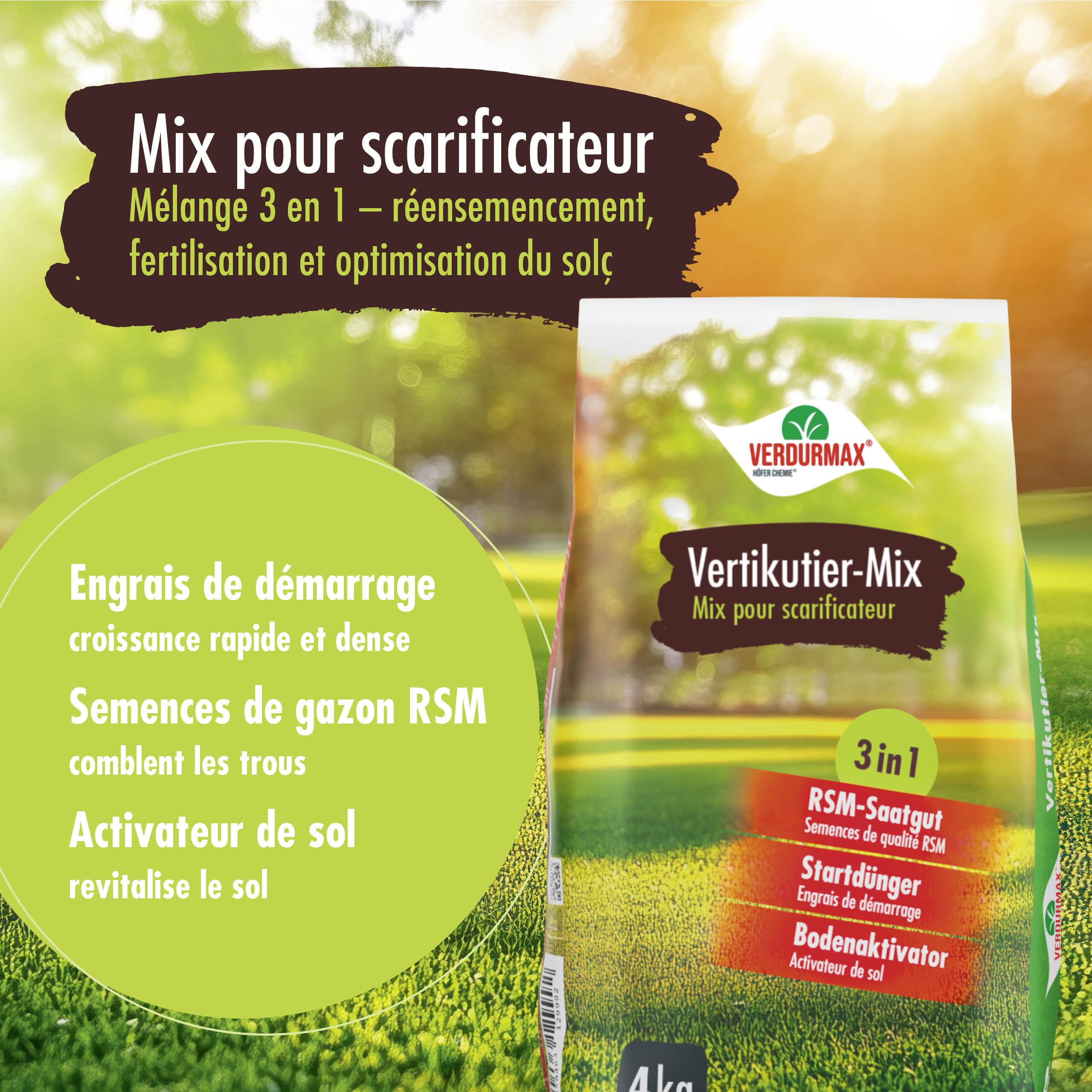 Verdurmax 1 x 4 kg Scarificateur -Mix 3 en 1 - Semences Engrais Activateur