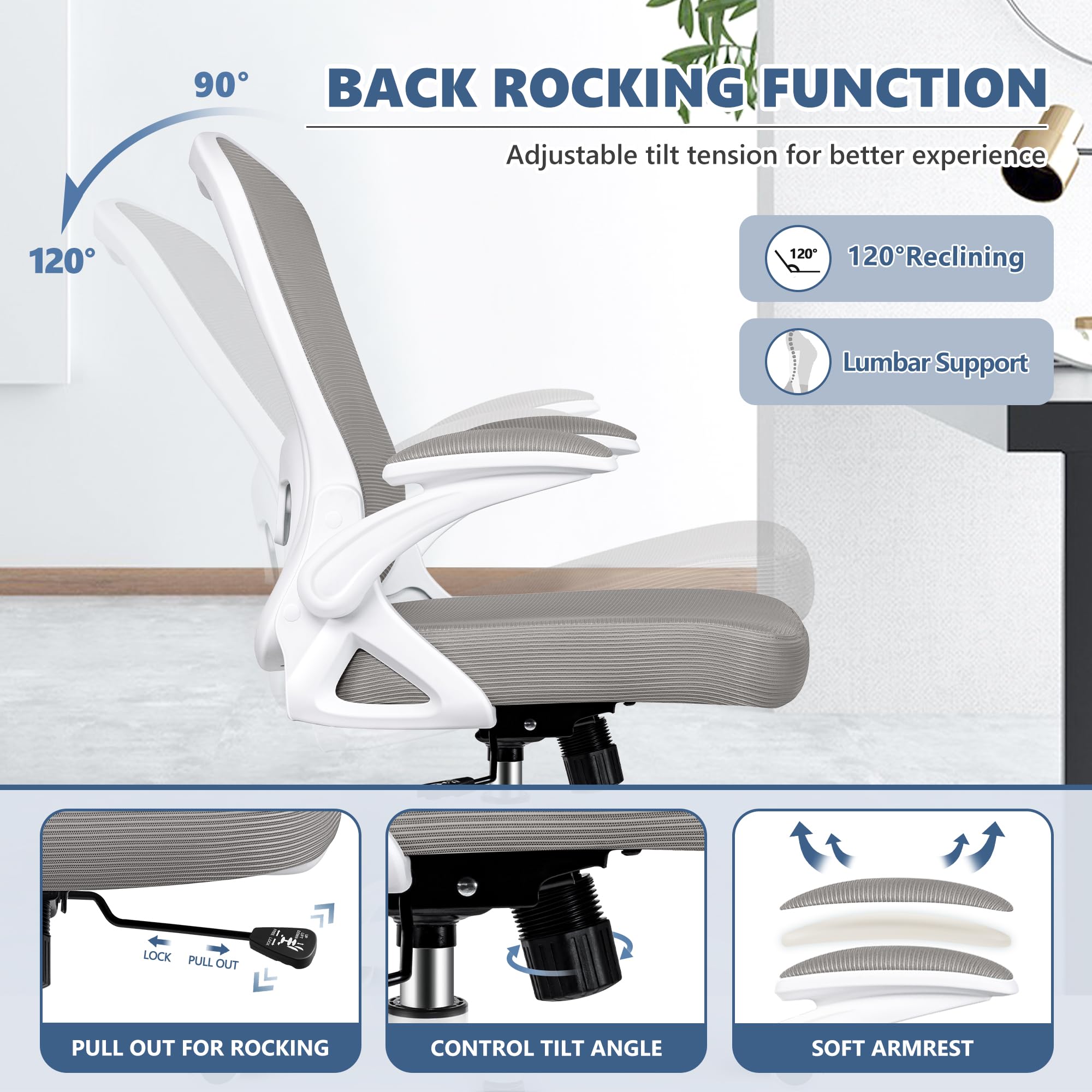 Winrise Office Chair Desk Chair, Ergonomic Mesh Computer Chair Home Office Desk Chairs, Swivel Task Chair Mid Back Breathable Rolling Chair with Adjustable Lumbar Support Flip Up Armrest (Gray)