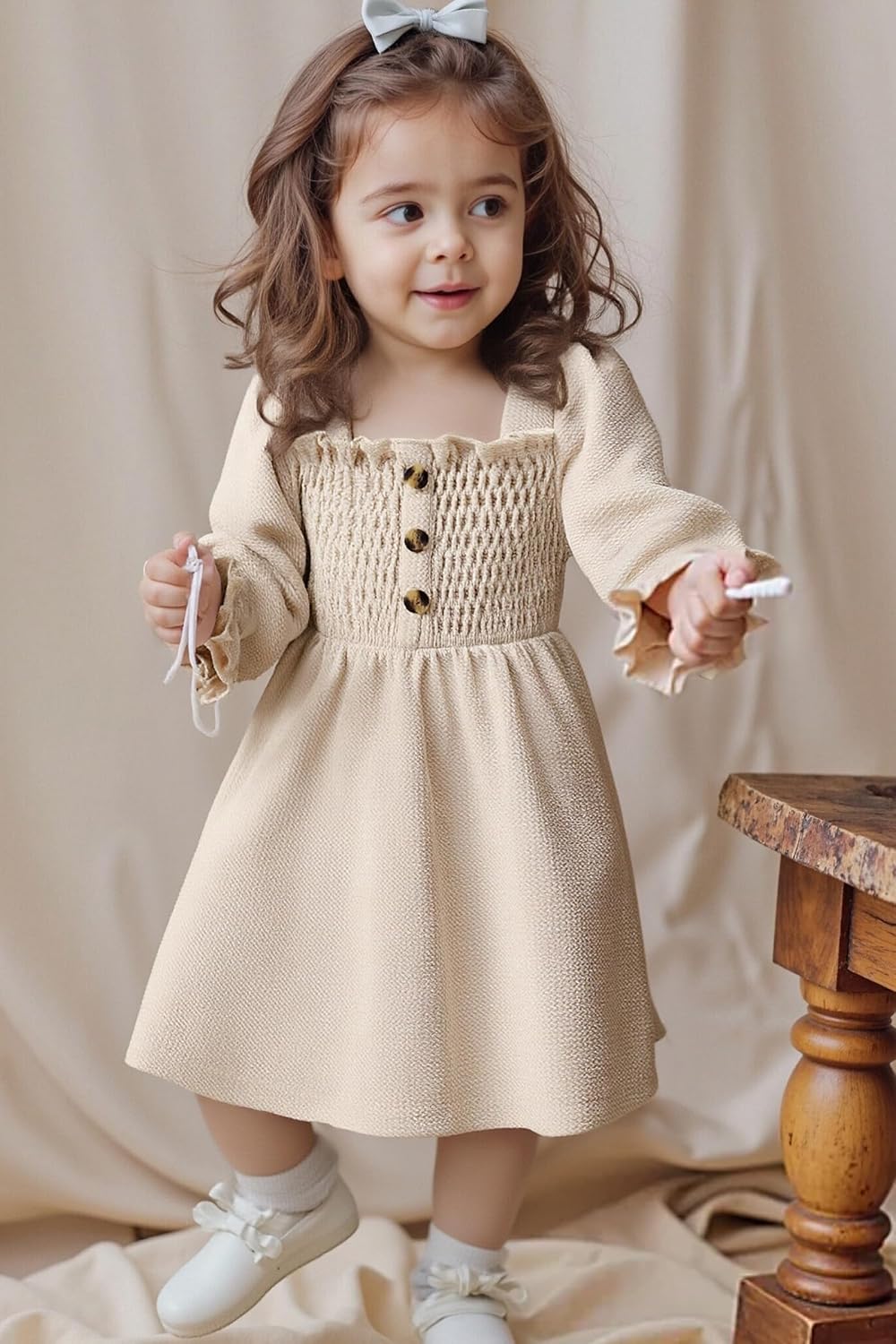 Happy Town Toddler Girl Dress Long Sleeve Play Wear Dress Baby Solid Color Casual Fall Winter Clothes