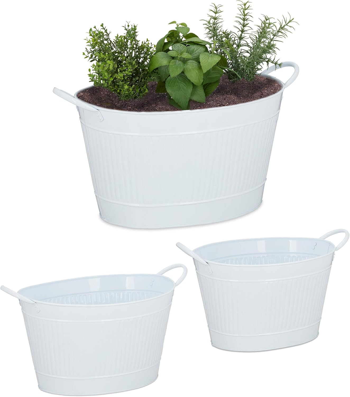 Relaxdays Metallwanne 3er Set, ovales Pflanzgefäß, mit Griff