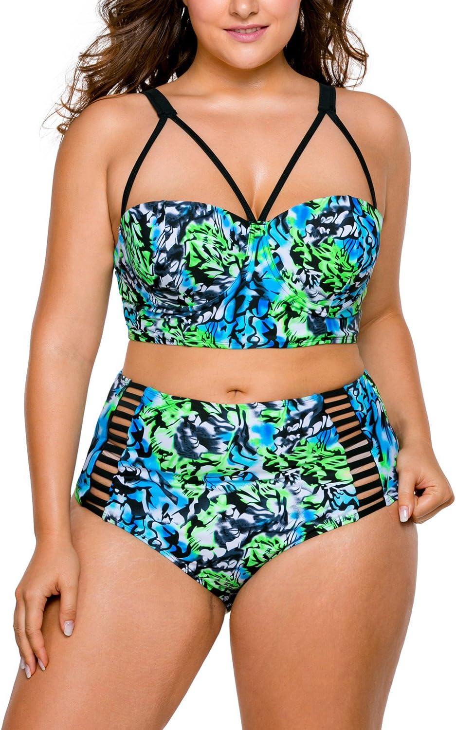 Haogo Womens Plus Size Swimwear Strappy Hollow Out High Waist Bikini Set Swimsuit Green XXX-Large