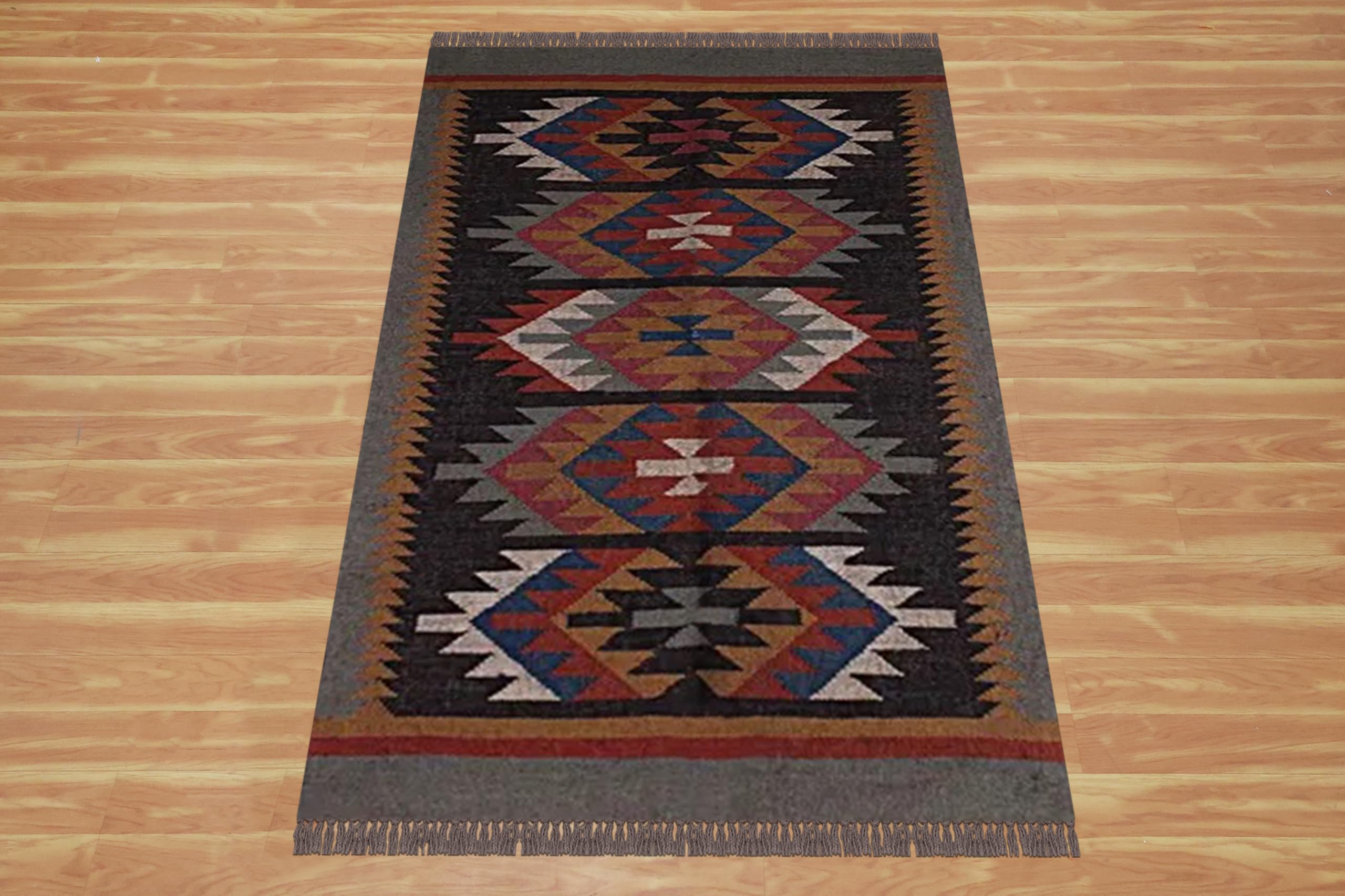 Tappeto reversibile in lana e iuta, 6 quadrati, nero e multi lana, tappeto kilim tessuto a mano, per interni ed esterni, ecologico, in lana, juta, tappeto per comodino, tappetino quadrato da