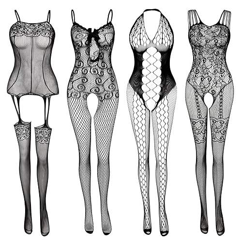 JDiction Fishnet Lingerie for Women Fishnet Bodysuit Lace Bodysuits Sexy Babydoll Nightwear (4 Pack) - Black