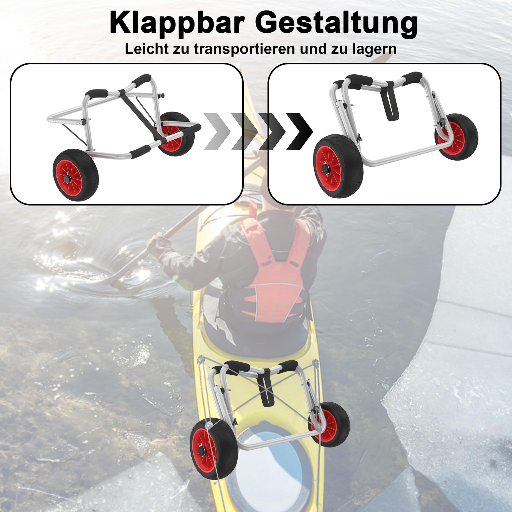 Froadp Kajakwagen Faltbar Kanuwagen Bootswagen mit 3 m Gurtbändern, Aluminiumlegierung Transportwagen für Kajak, Kanu und Boote, bis 100 kg Traglast