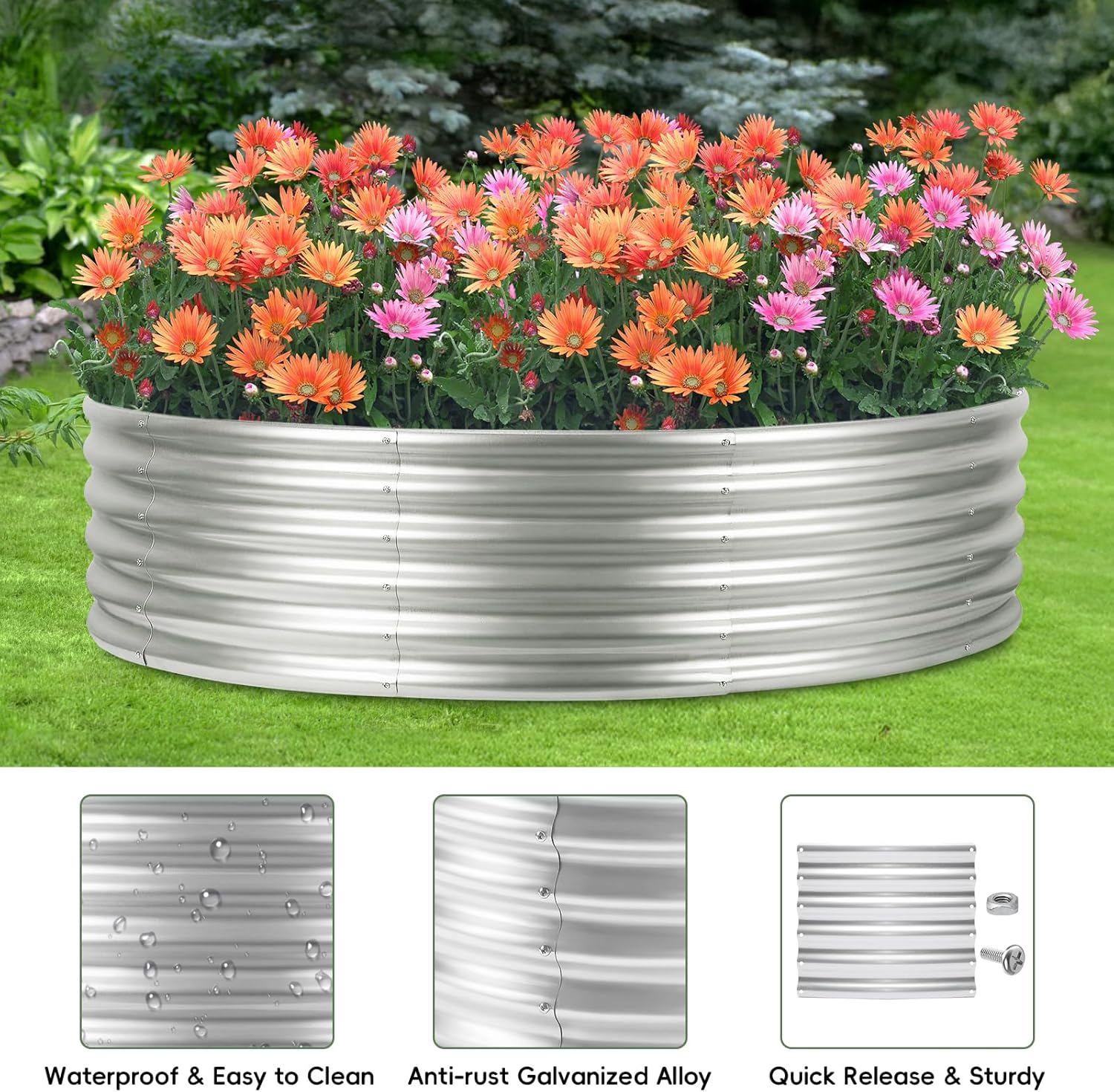 4×4 Round Raised Garden Bed Outdoor Fire Pit Ring Metal Garden Bed for Gardening，Planter Boxes Flower Bed Galvanized Tub Above Ground Garden Beds for Vegetables