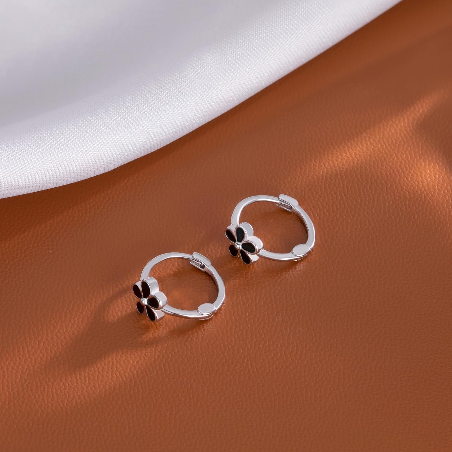 Reffeer Solid 925 Sterling Silver Daisy Flower Hoop Earrings Huggie for Women Teen Girls Black Flower Hoop Earrings Cartilage Helix Earrings - Image 6