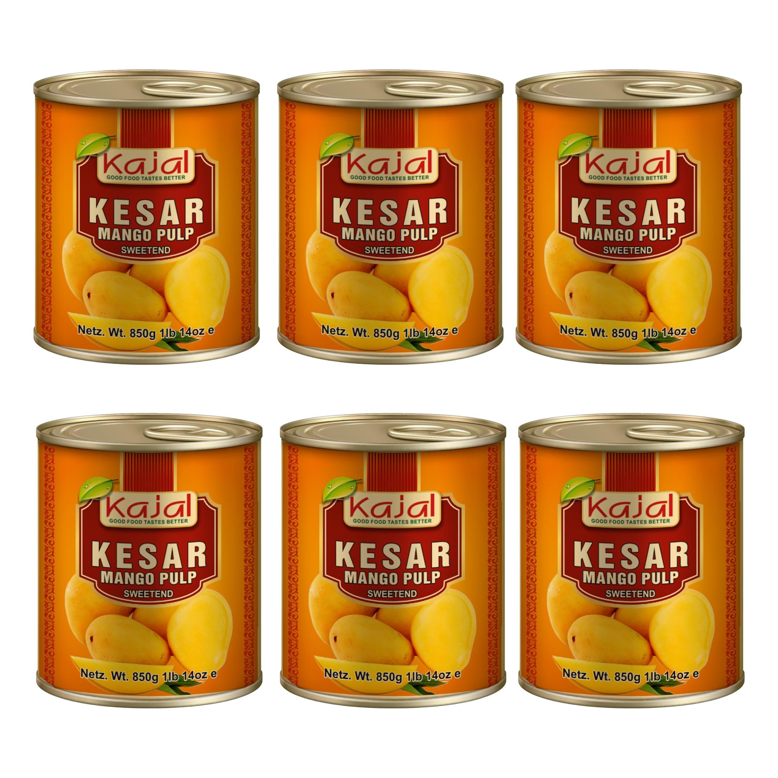 Kajal Purea di mango, Kesar, 6 x 850 g, ideale per frullati di mango, Lassi, dessert e curry, naturale, dolce, dall'India, polpa di mango, kesar senza additivi