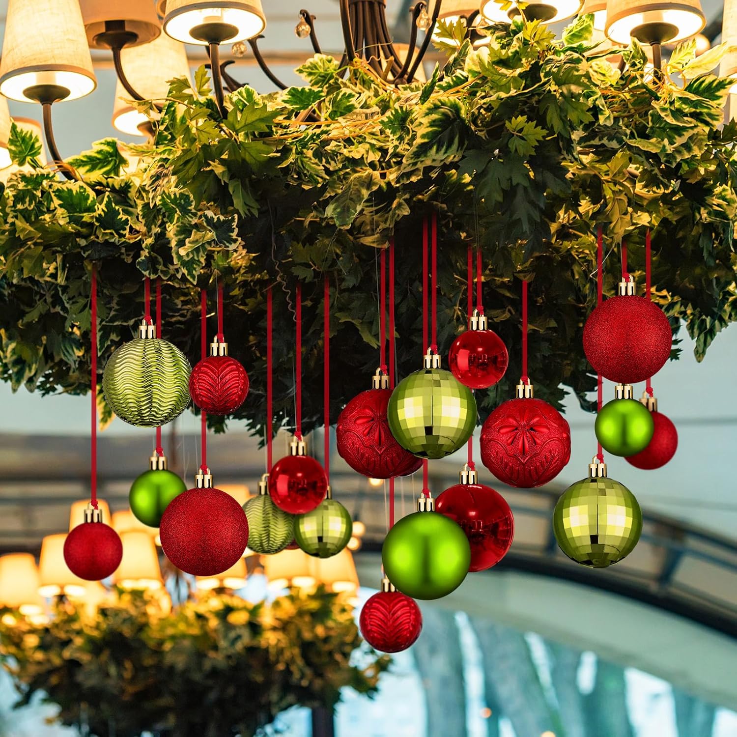 36 Pcs Christmas Balls Ornaments for Ceiling, 1.6'' 2.4'' 3.2'' Large Big Shatterproof Christmas Hanging Decorations Balls for Tree Xmas Holiday Party Indoor(Red, Emerald Green)