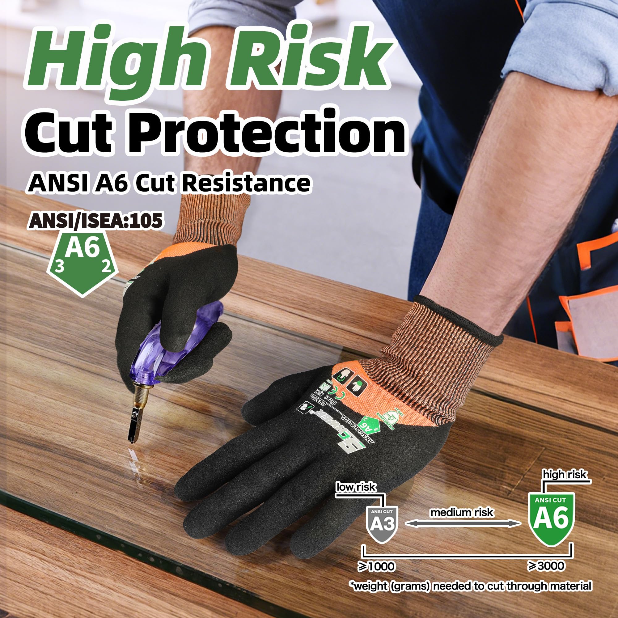 Schwer ANSI A6 Cut Resistant Gloves, CR3709 Cut Proof Work Gloves, Touch-screen Cutting Gloves, 3/4 Dipped Coating for Woodworking, Glass Metal Cutting, Construction, Fishing, L,1 pair