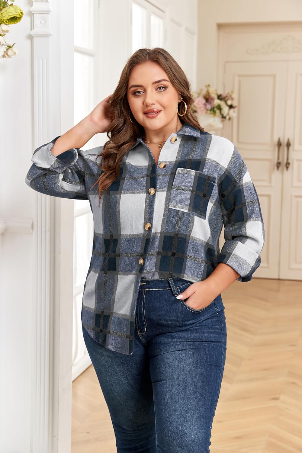 Plus Size Plaid Shacket Jacket for Women Long Sleeve Button Down Blouses Flannel Shirts Casual Coats XL-5XL - Image 5