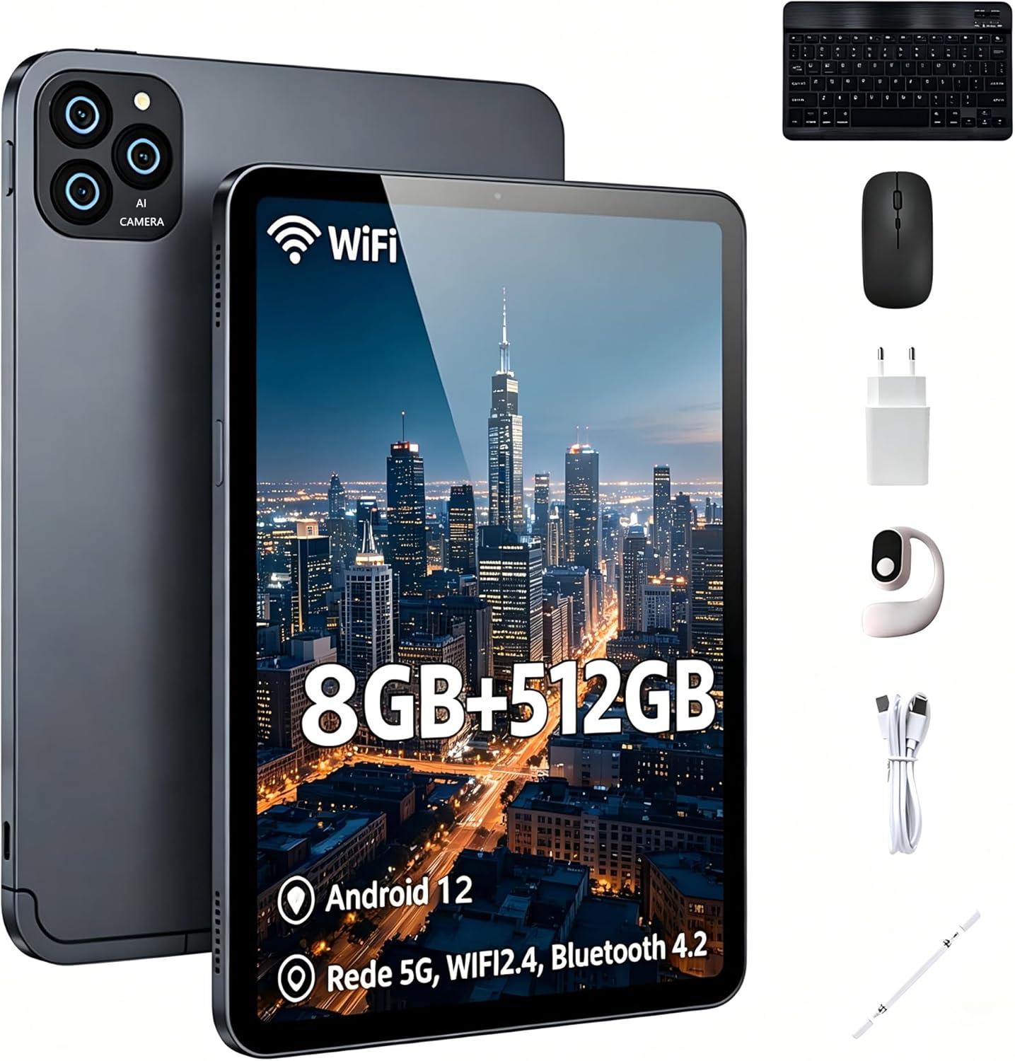 Tablet A-Tab8 10.1" Android 12, 8GB RAM 512GB ROM, 10000mAh, Câmera Dupla, Wi-Fi 5G - Kit com Teclado, Mouse e Stylus